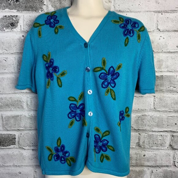 Pendleton Vintage Cardigan Sweater M Blue Floral Embroidered Short Sleeve V-Neck - Picture 2 of 11